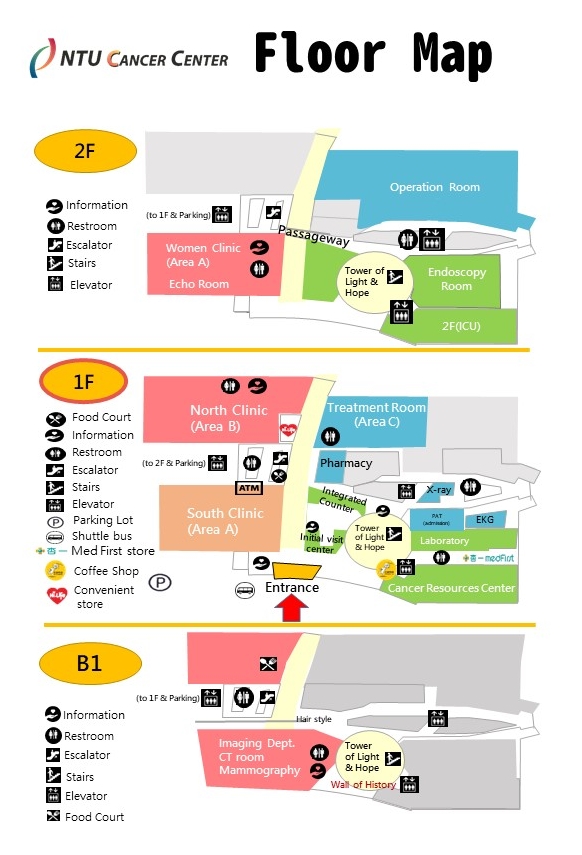 Floor Map of NTUCC. It shows where the clinic or information counter is, B1, 1F nad 2F are included. Floor Map of NTUCC. It shows where the clinic or information counter is, B1, 1F nad 2F are included.